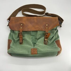 SZONE Vintage Leather / Canvas Messenger Bag School Shoulder Green / Brown